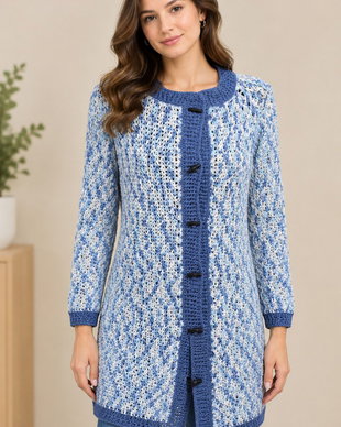 Cardigan lung croșetat manual  albastru și alb, model elegant