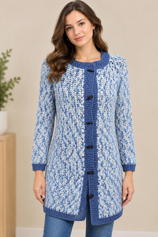 Cardigan lung croșetat manual albastru și alb, model elegant