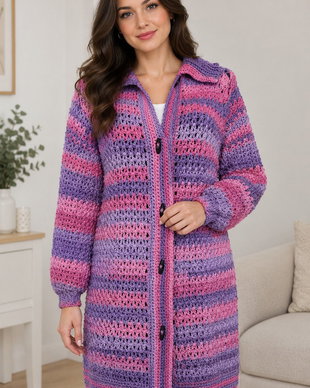 Cardigan lung croșetat manual  degrade roz și mov