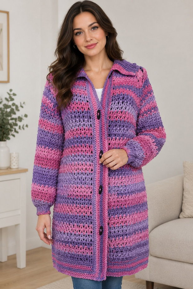 Cardigan lung croșetat manual  degrade roz și mov