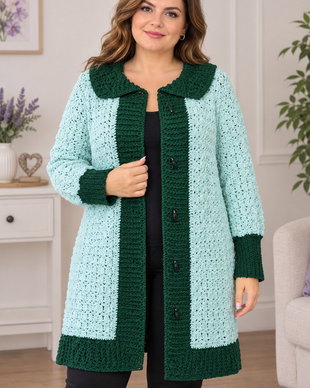 Cardigan croșetat manual, vernil și verde închis