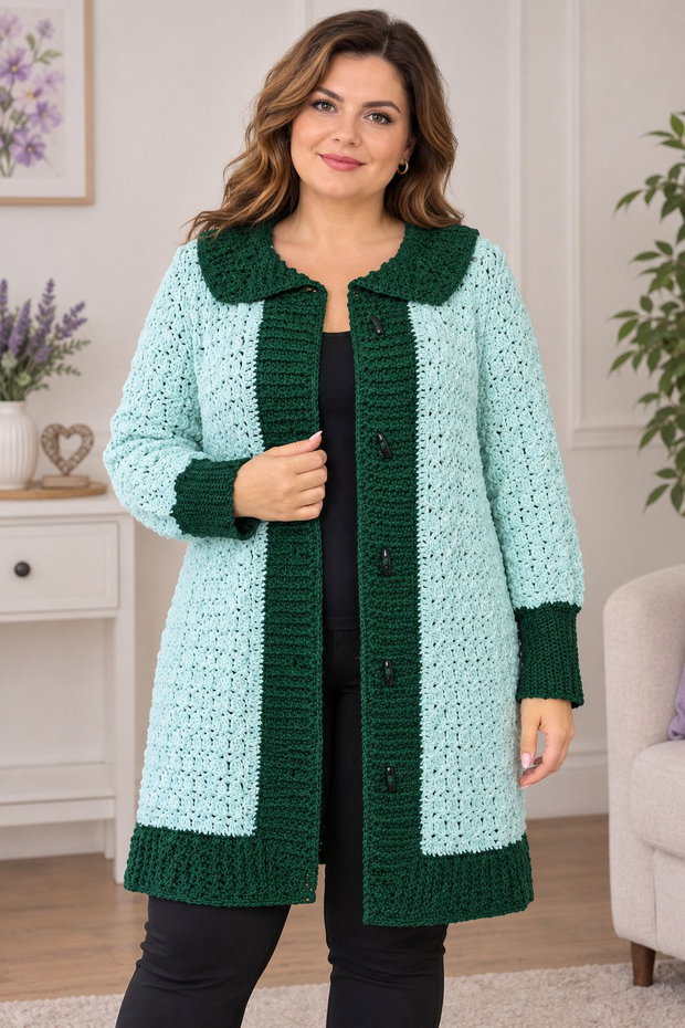 Cardigan croșetat manual, vernil și verde închis