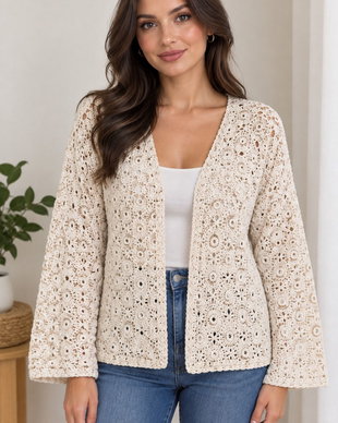 Cardigan hexagonal croșetat manual  Virus Stitch, bej în degrade