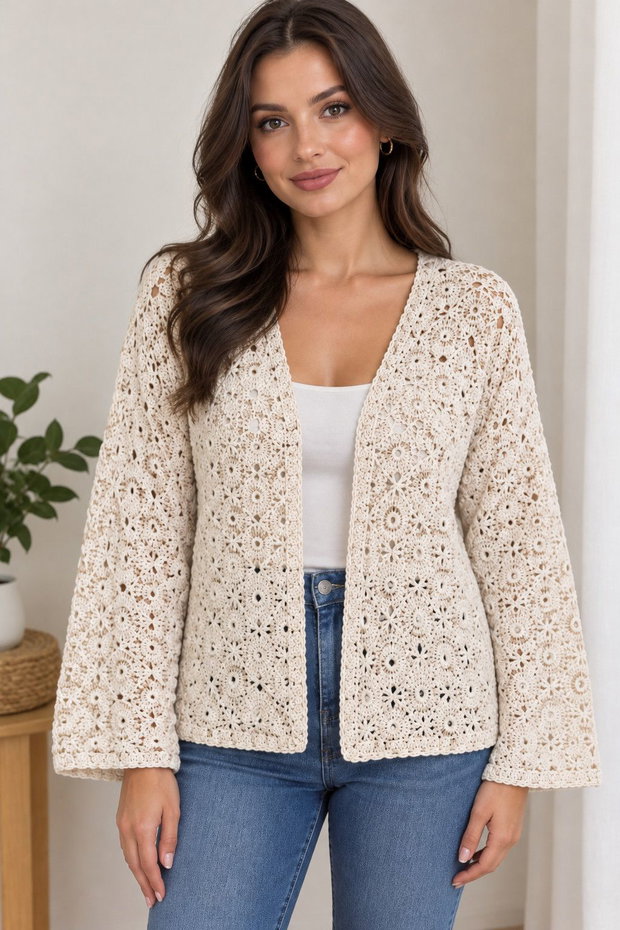 Cardigan hexagonal croșetat manual Virus Stitch, bej în degrade