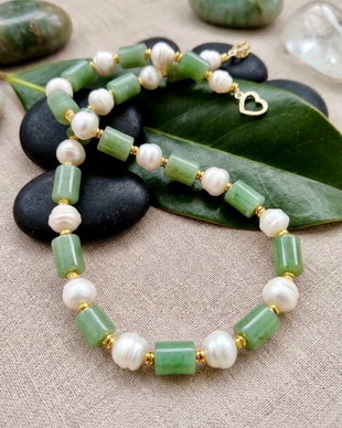Colier aventurin verde & perle albe de cultura