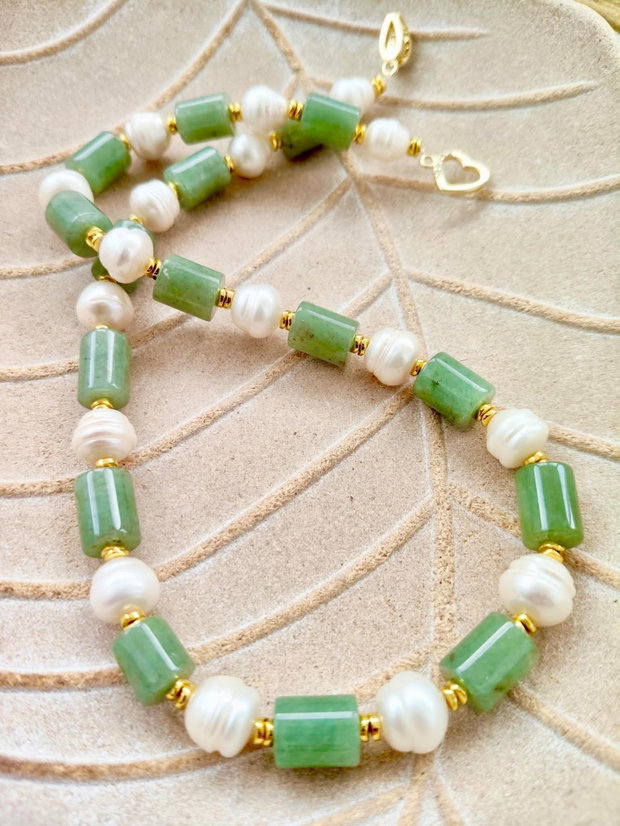 Colier aventurin verde & perle albe de cultura