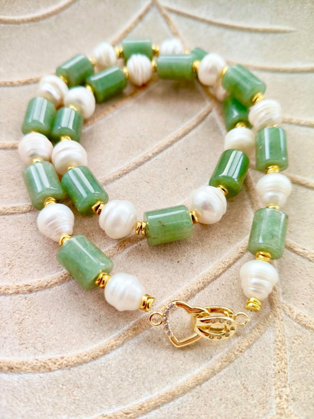 Colier aventurin verde & perle albe de cultura