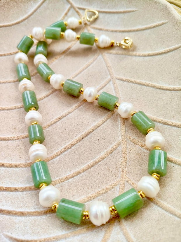 Colier aventurin verde & perle albe de cultura