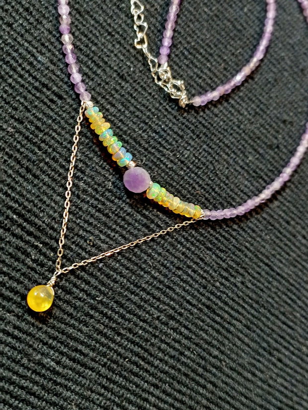 Rezervat ! Colier argint opal de foc etiopian safir galben ametist minimalist boho chic trendy