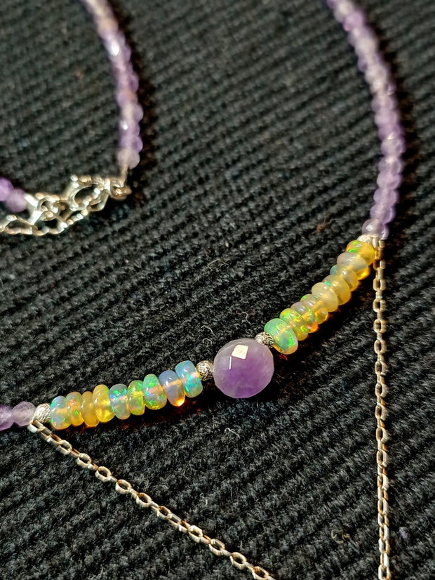 Rezervat ! Colier argint opal de foc etiopian safir galben ametist minimalist boho chic trendy