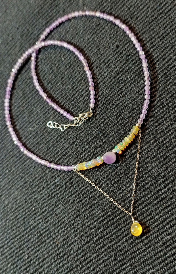 Rezervat ! Colier argint opal de foc etiopian safir galben ametist minimalist boho chic trendy