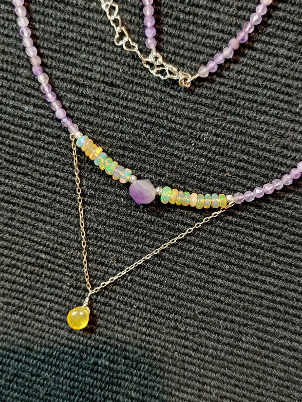 Rezervat ! Colier argint opal de foc etiopian safir galben ametist minimalist boho chic trendy