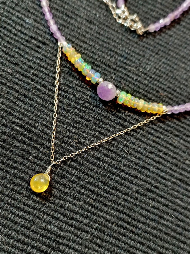 Rezervat ! Colier argint opal de foc etiopian safir galben ametist minimalist boho chic trendy