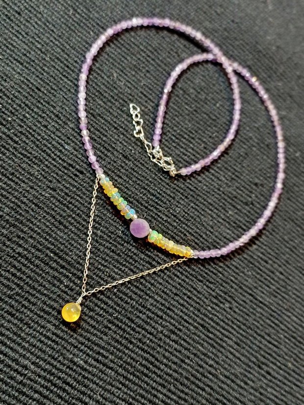 Rezervat ! Colier argint opal de foc etiopian safir galben ametist minimalist boho chic trendy