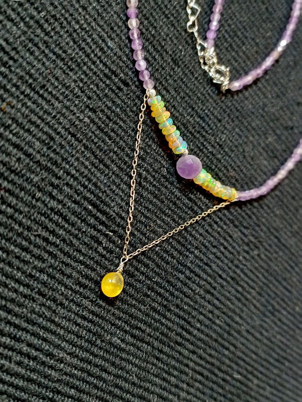Rezervat ! Colier argint opal de foc etiopian safir galben ametist minimalist boho chic trendy