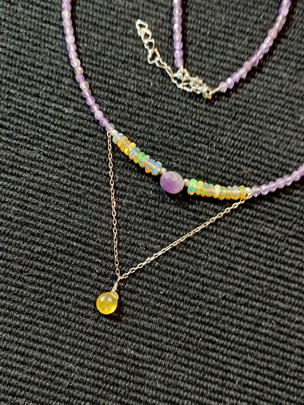 Rezervat ! Colier argint opal de foc etiopian safir galben ametist minimalist boho chic trendy