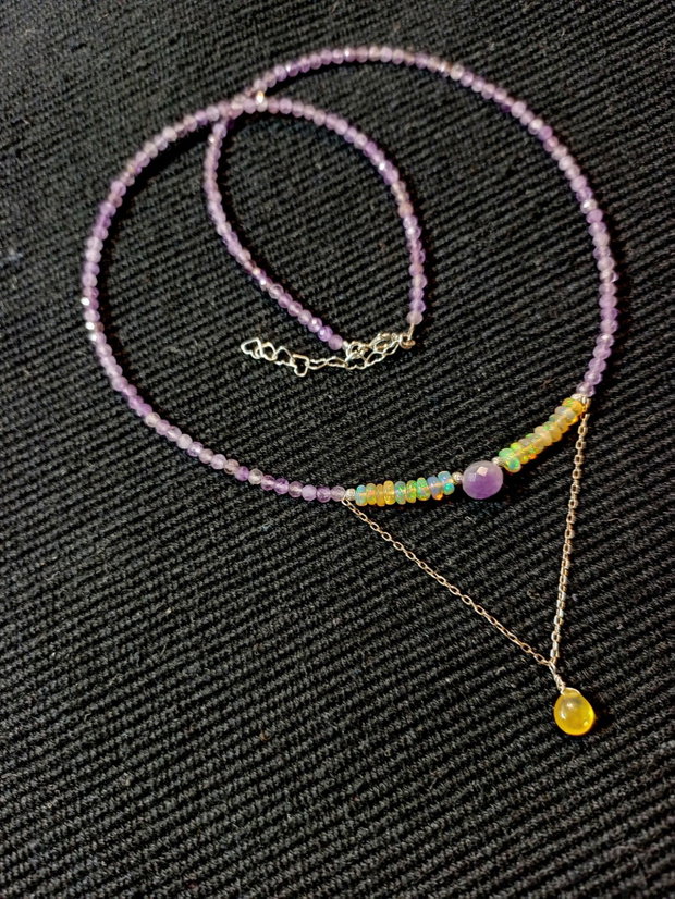 Rezervat ! Colier argint opal de foc etiopian safir galben ametist minimalist boho chic trendy