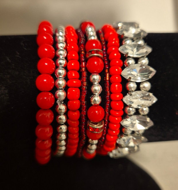 Set de bratari handmade Red Glamour-Rosu intens si argintiu