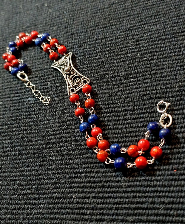 Bratara argint X2 coral lapis lazuli conector filigranat argint boho chic trendy