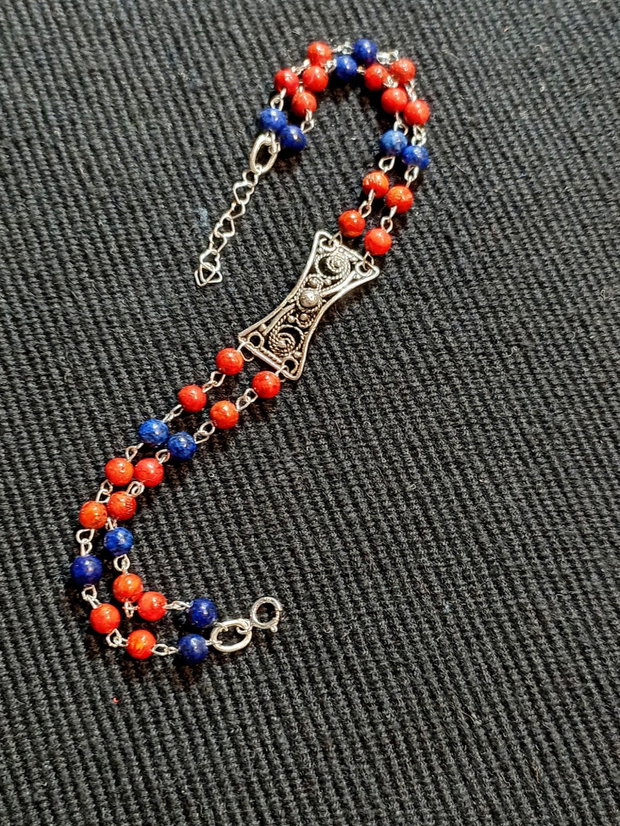 Bratara argint X2 coral lapis lazuli conector filigranat argint boho chic trendy