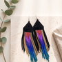 Cercei lungi din mărgele cusute manual, cercei statement boho fringe, cercei mărgele sticlă multicolor, 16 cm