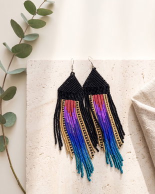Cercei lungi din mărgele cusute manual, cercei statement boho fringe, cercei mărgele sticlă multicolor, 16 cm