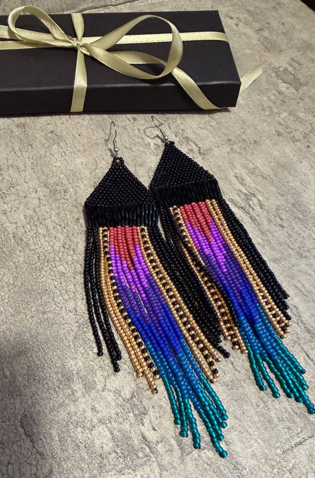 Cercei lungi din mărgele cusute manual, cercei statement boho fringe, cercei mărgele sticlă multicolor, 16 cm