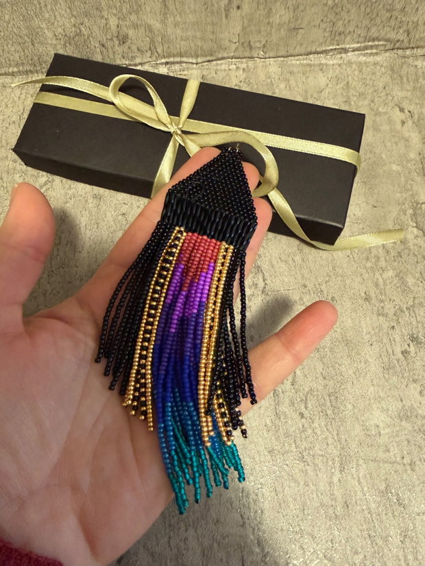 Cercei lungi din mărgele cusute manual, cercei statement boho fringe, cercei mărgele sticlă multicolor, 16 cm