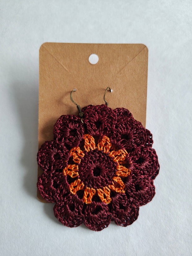 Cercei handmade croșetați - vişiniu elegant cu portocaliu