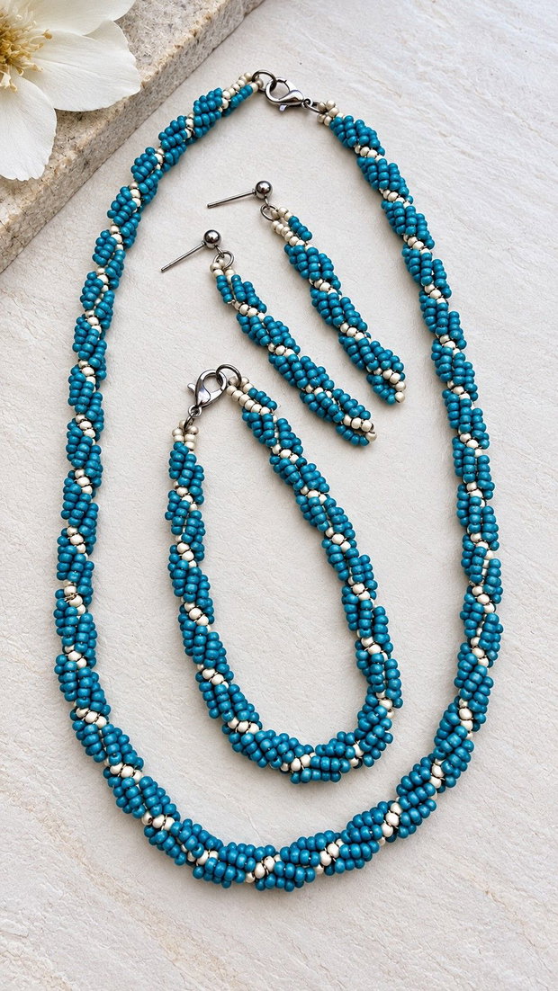 Set bijuterii handmade Spirală Turcoaz și Crem Colier, Brățară și Cercei
