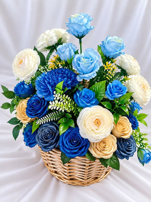 Coș floral elegant Blue Harmony Trandafiri din satin handmade