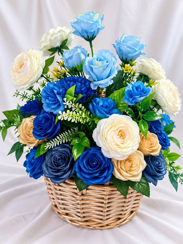 Coș floral elegant Blue Harmony Trandafiri din satin handmade