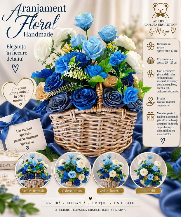 Coș floral elegant Blue Harmony Trandafiri din satin handmade