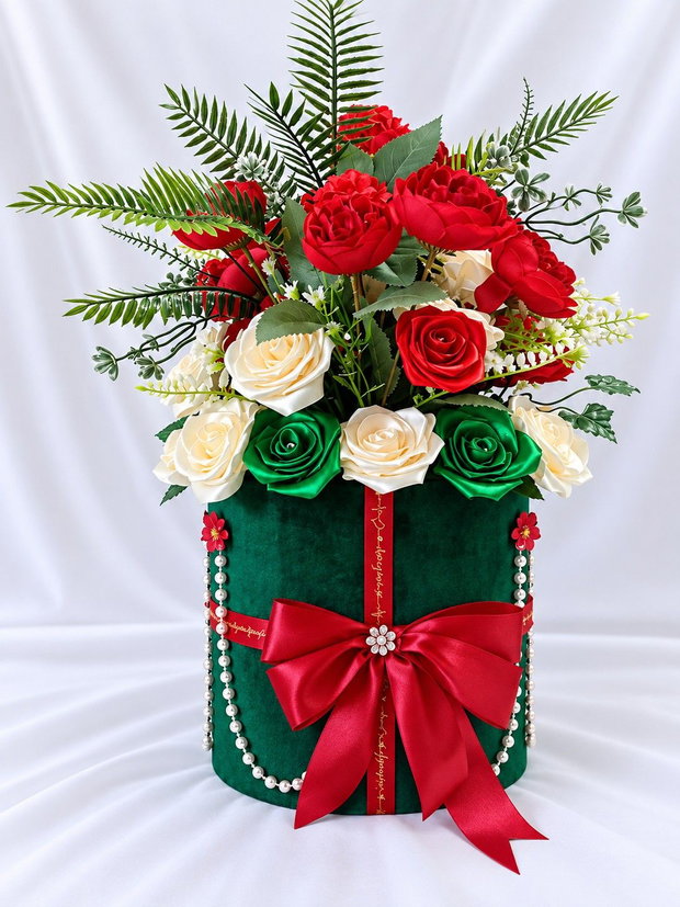 Smarald & Rubin  Aranjament floral handmade cu trandafiri din satin