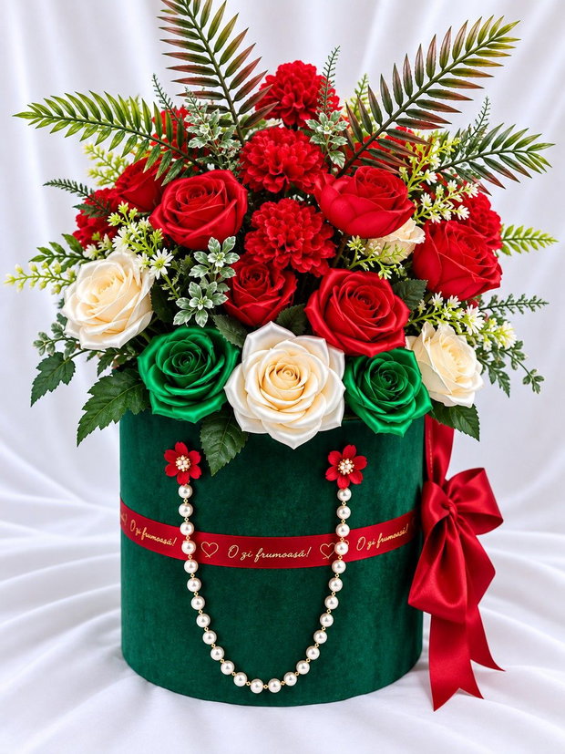 Smarald & Rubin  Aranjament floral handmade cu trandafiri din satin