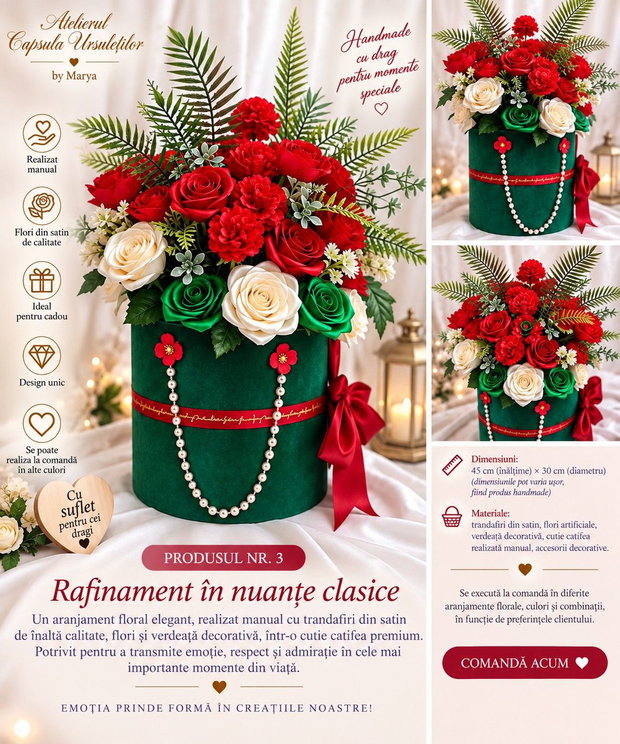 Smarald & Rubin  Aranjament floral handmade cu trandafiri din satin