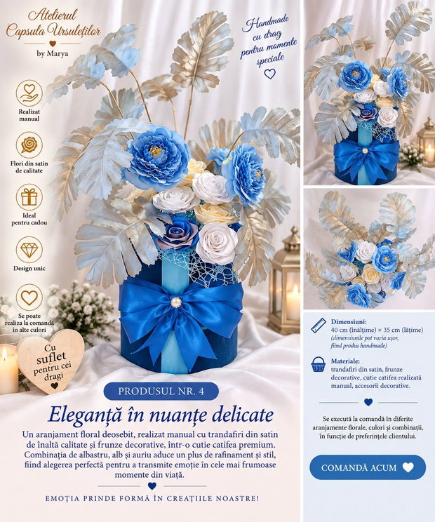 Eleganță în nuanțe delicate Aranjament floral handmade din satin