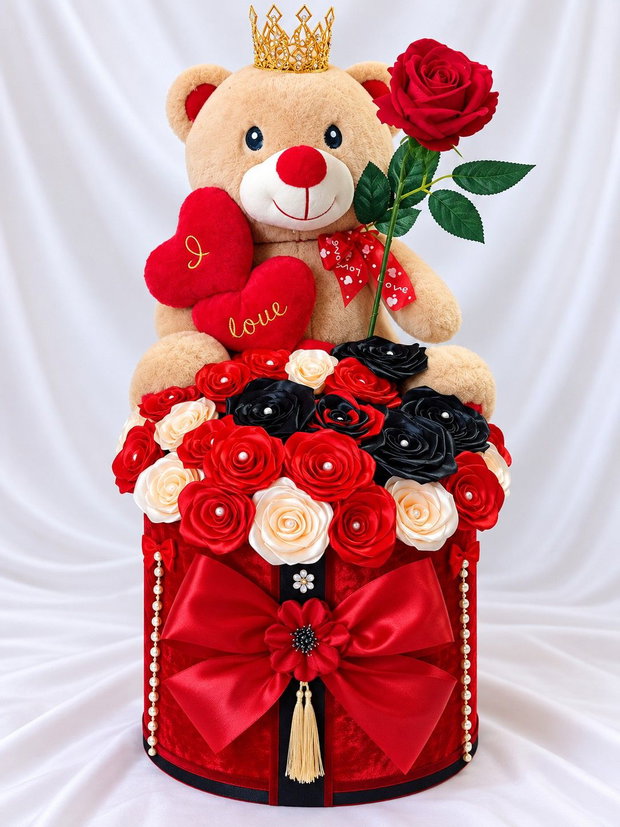 Poveste de Catifea Cadou romantic handmade cu ursuleț și trandafiri din satin