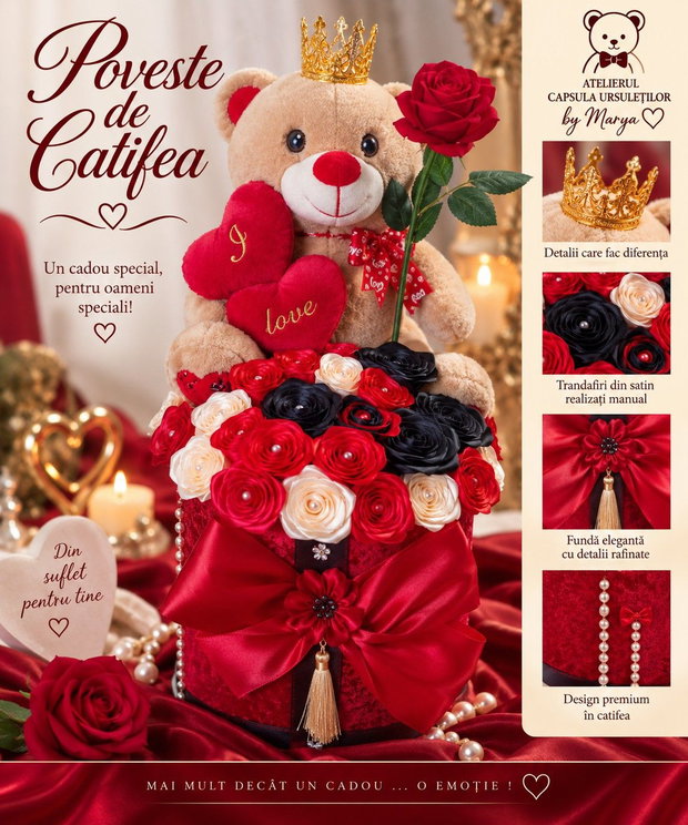 Poveste de Catifea Cadou romantic handmade cu ursuleț și trandafiri din satin