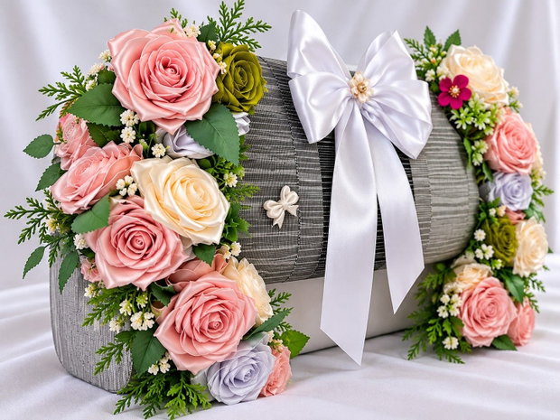 Poșeta Perla Aranjament floral handmade cu trandafiri din satin