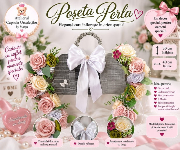 Poșeta Perla Aranjament floral handmade cu trandafiri din satin