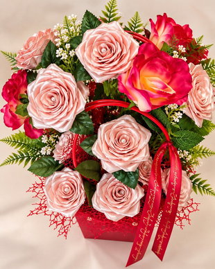 Rouge Elegance  Aranjament floral handmade cu trandafiri din satin
