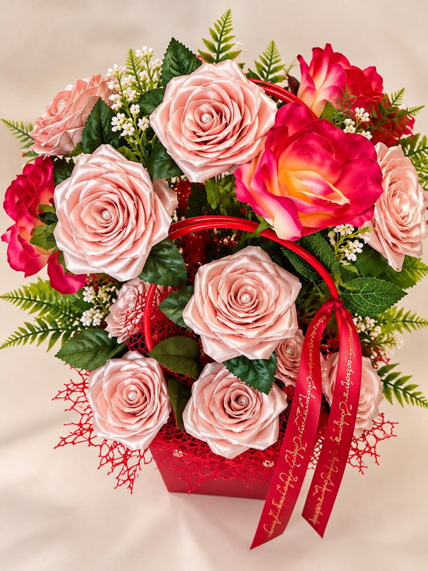 Rouge Elegance  Aranjament floral handmade cu trandafiri din satin