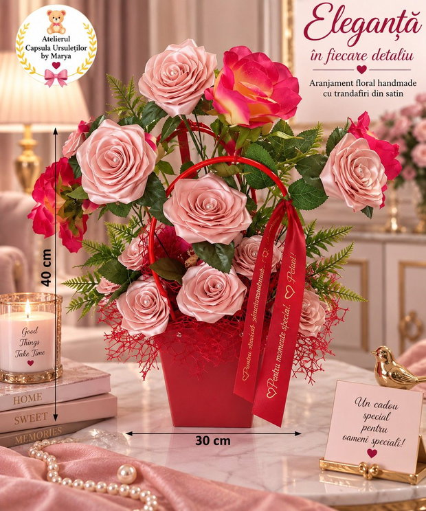 Rouge Elegance  Aranjament floral handmade cu trandafiri din satin