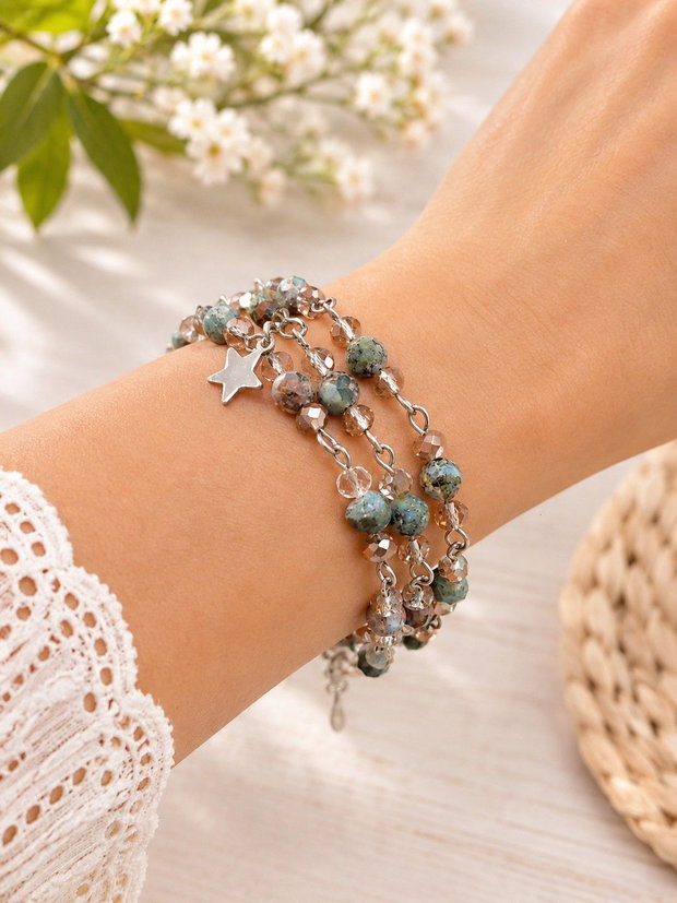 Brățară triplu șir cu larimar și cristale fațetate bijuterie versatilă handmade