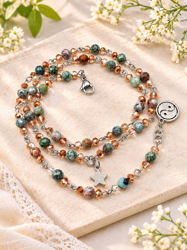 Brățară triplu șir cu larimar și cristale fațetate bijuterie versatilă handmade