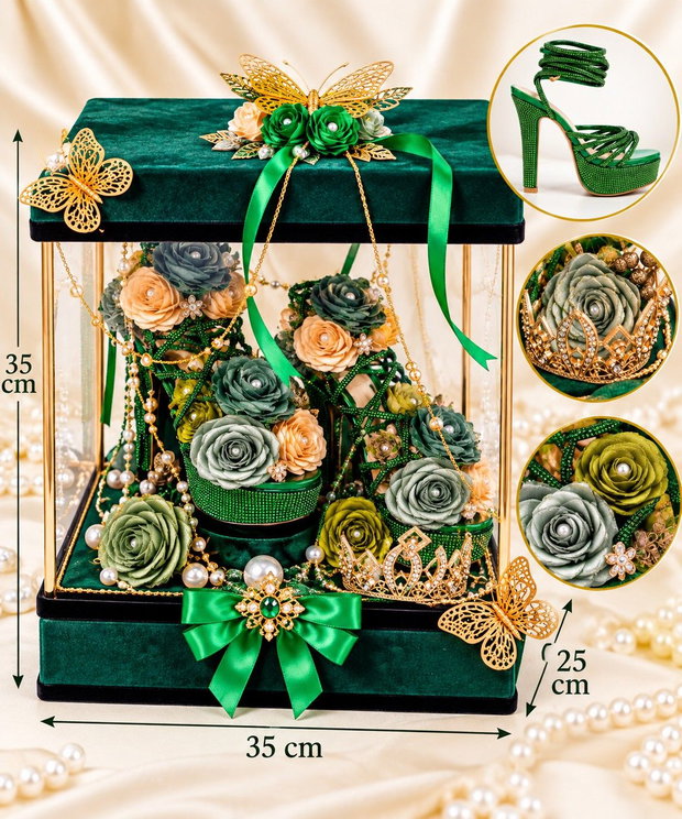 Splendoare în Smarald Aranjament handmade de lux cu trandafiri din satin