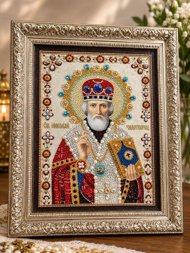 Icoană Sfântul Nicolae Diamond Painting 3D, lucrată manual