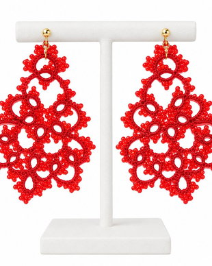 Cercei rosii din dantelă frivolite cu mărgele  Preciosa Ornela, cercei handmade