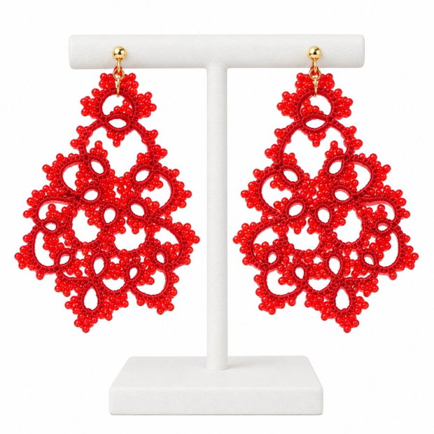 Cercei rosii din dantelă frivolite cu mărgele Preciosa Ornela, cercei handmade